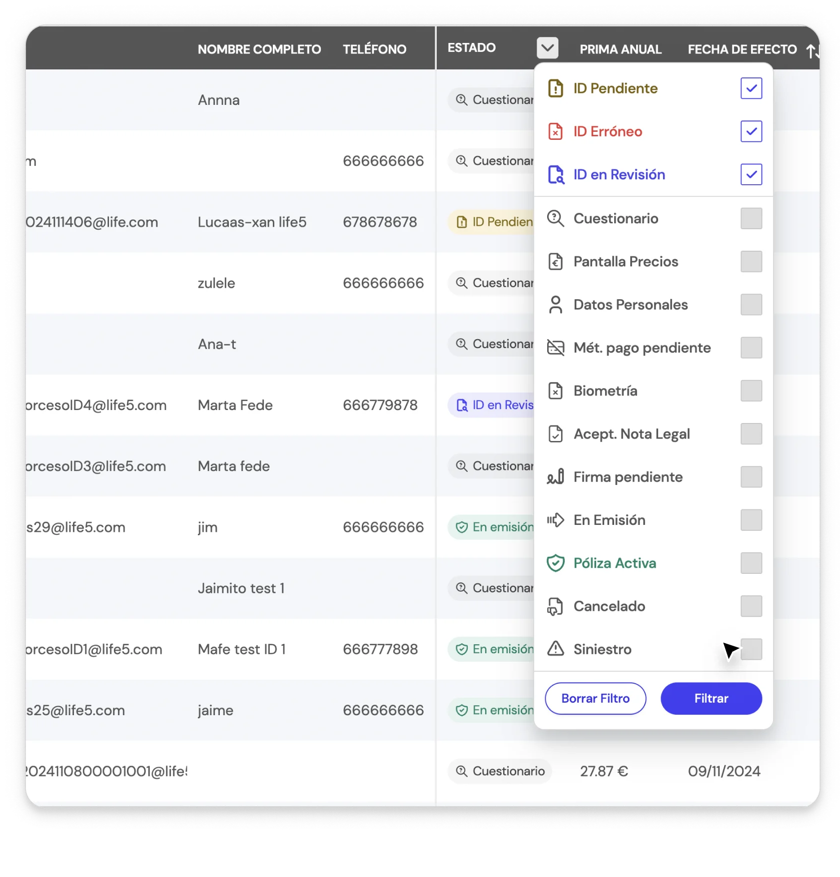 Lista de estados relacionados con el Proceso de Identificación en la BrokerApp de Life5.