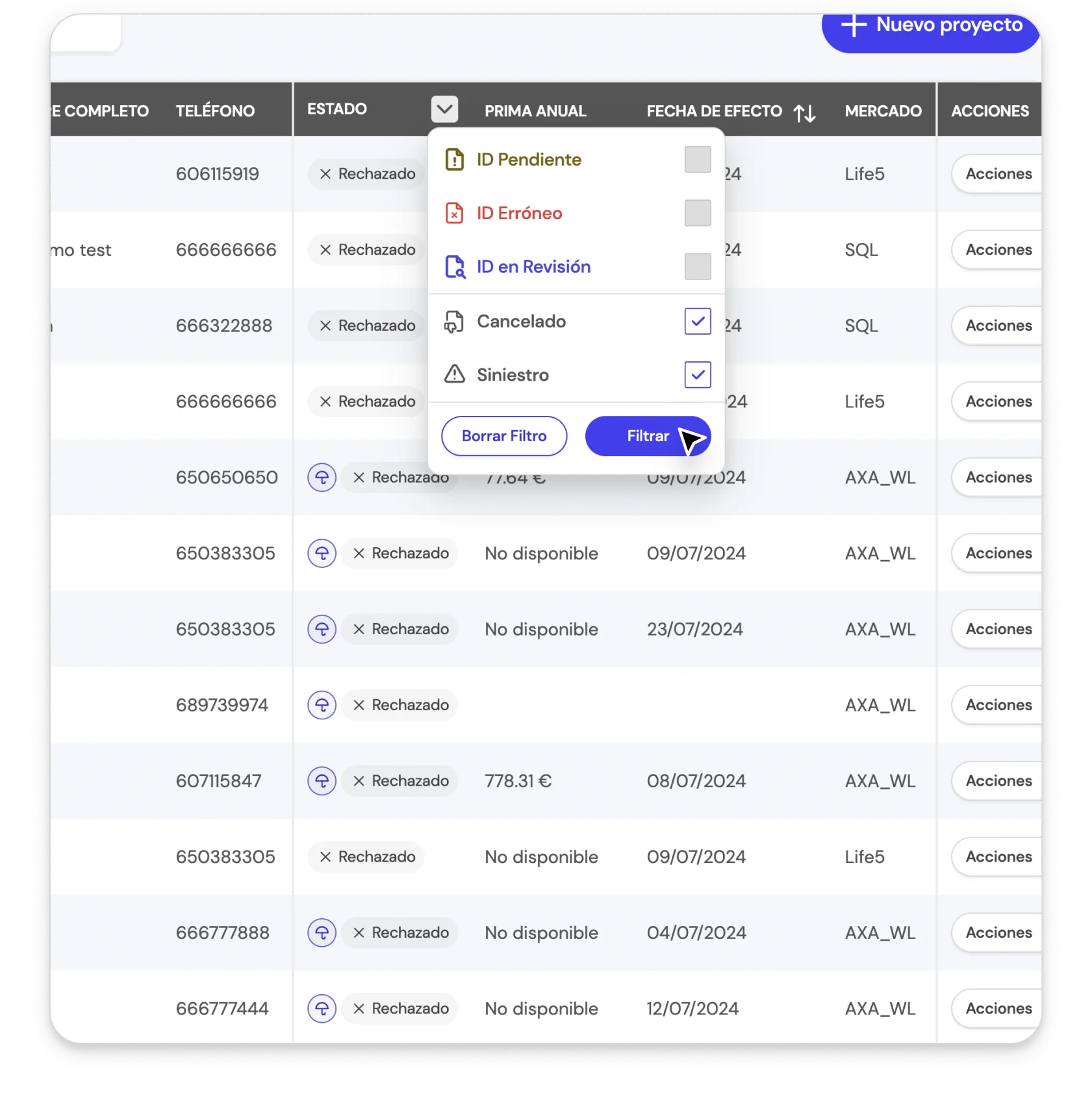 Lista de estados clasificados como Casos Especiales en la BrokerApp de Life5.