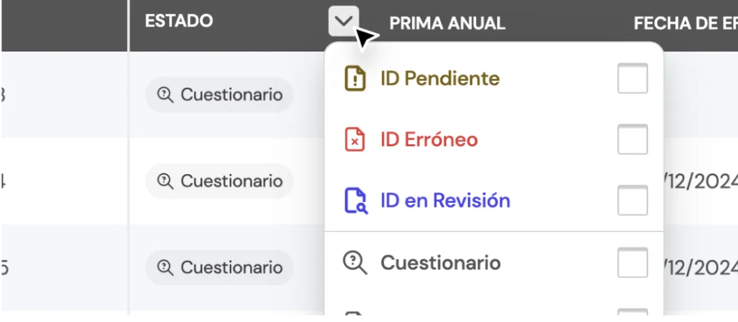 Imagen representativa de filtros por estado en la BrokerApp de Life5.