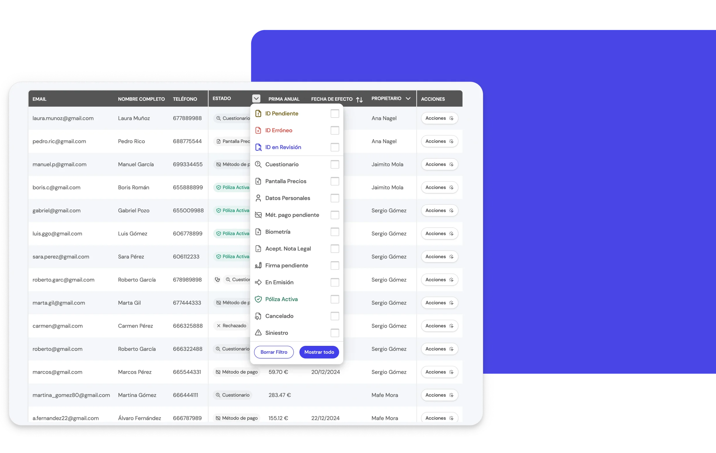 Interfaz de la BrokerApp de Life5 mostrando la sección de Proyectos y Pólizas con opciones de filtrado por estado.