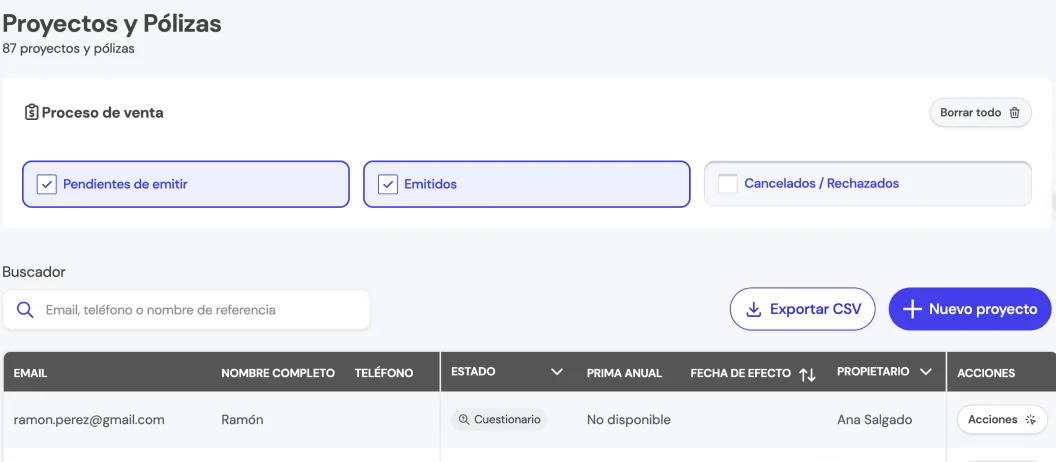 Imagen representativa de filtros por proceso de venta en la BrokerApp de Life5.