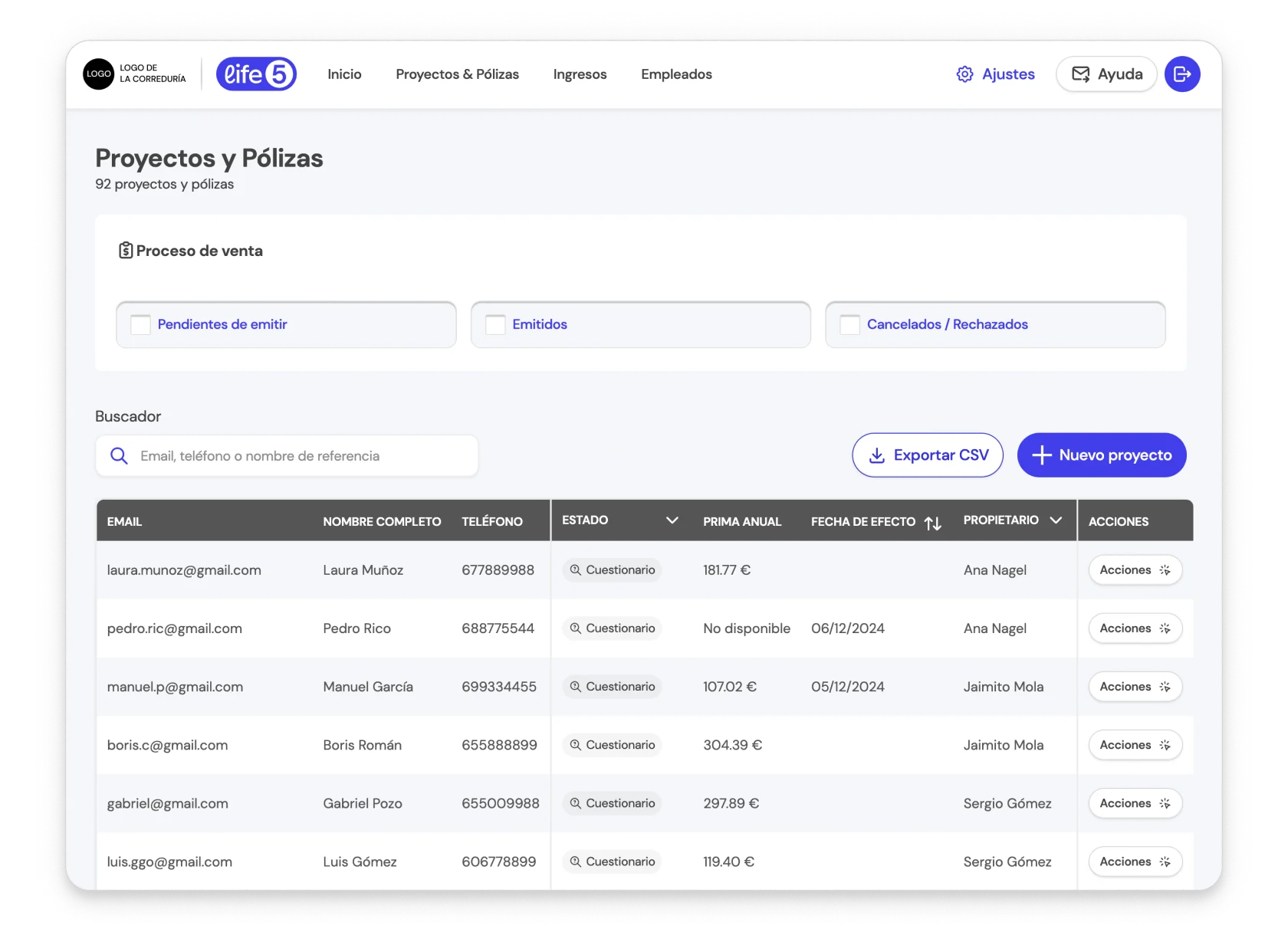 Paso 1: Ingresa en la página de Proyectos y Pólizas de la Broker App de Life5, y localiza la sección 'Proceso de venta'.
