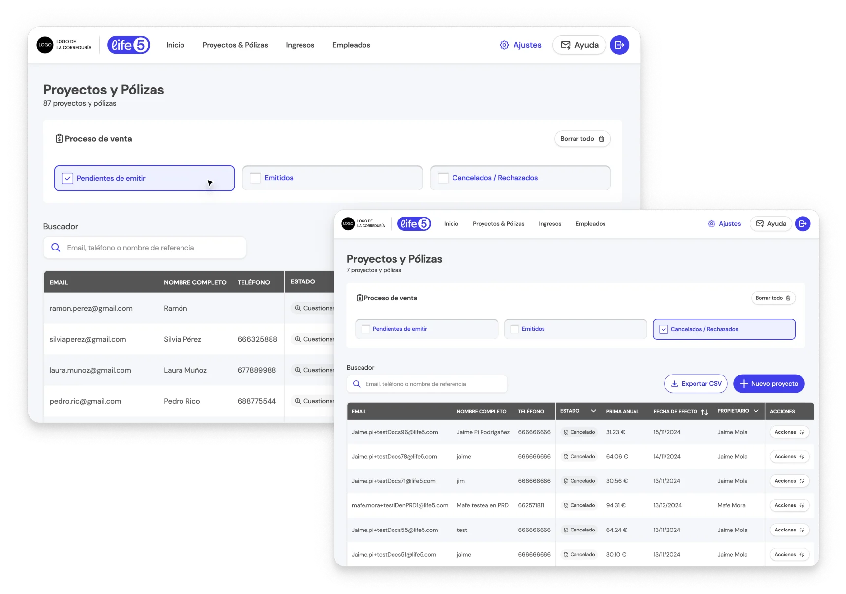 Paso 2: Selecciona el grupo de estados que deseas filtrar, las opciones disponibles: Pendientes de emitir, Emitidos, Cancelados/Rechazados/Siniestro en la BrokerApp de Life5.