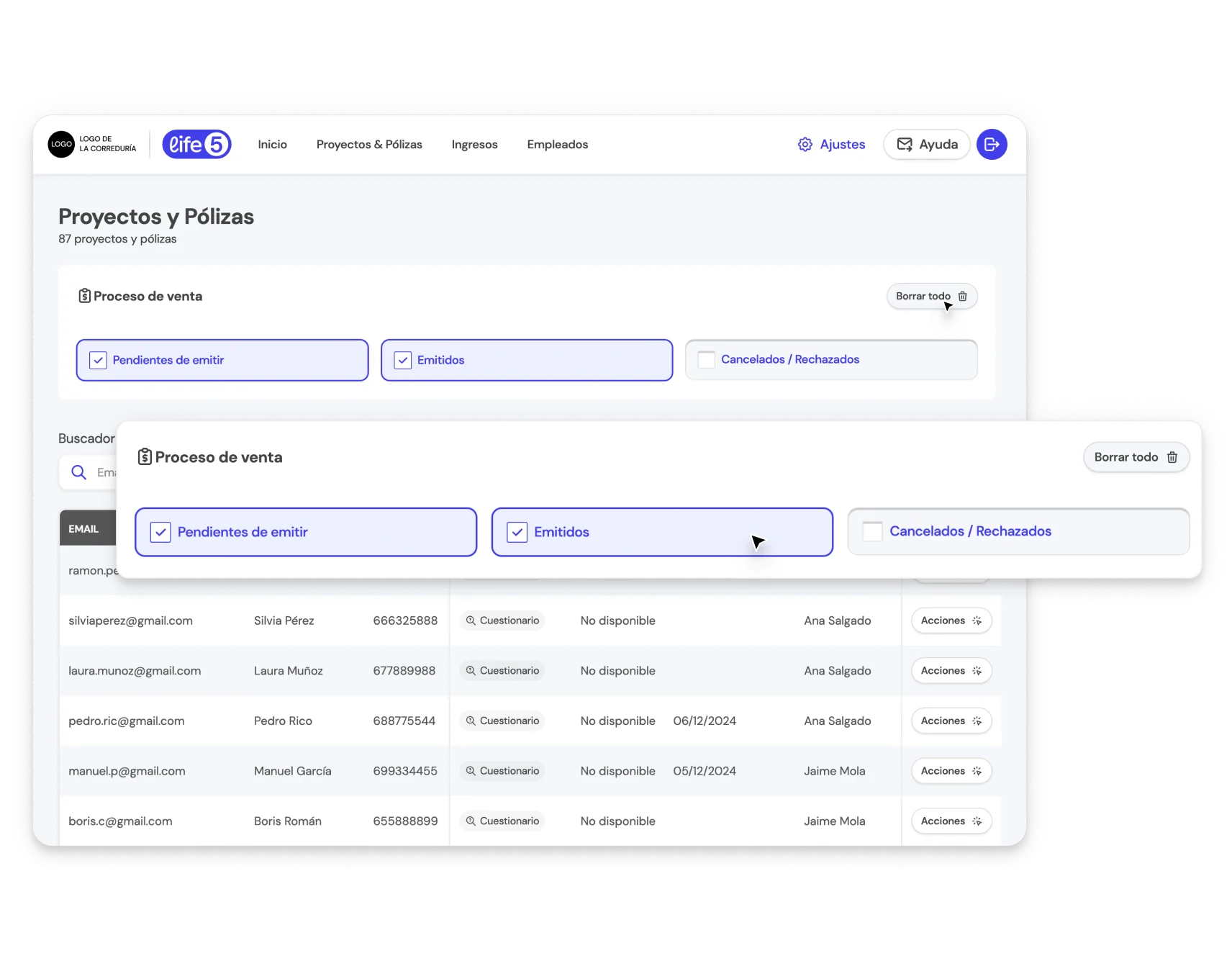 Paso 3: Quita los filtros cuando lo necesites, en el botón 'Borrar todo' para eliminar filtros activos en la BrokerApp de Life5.