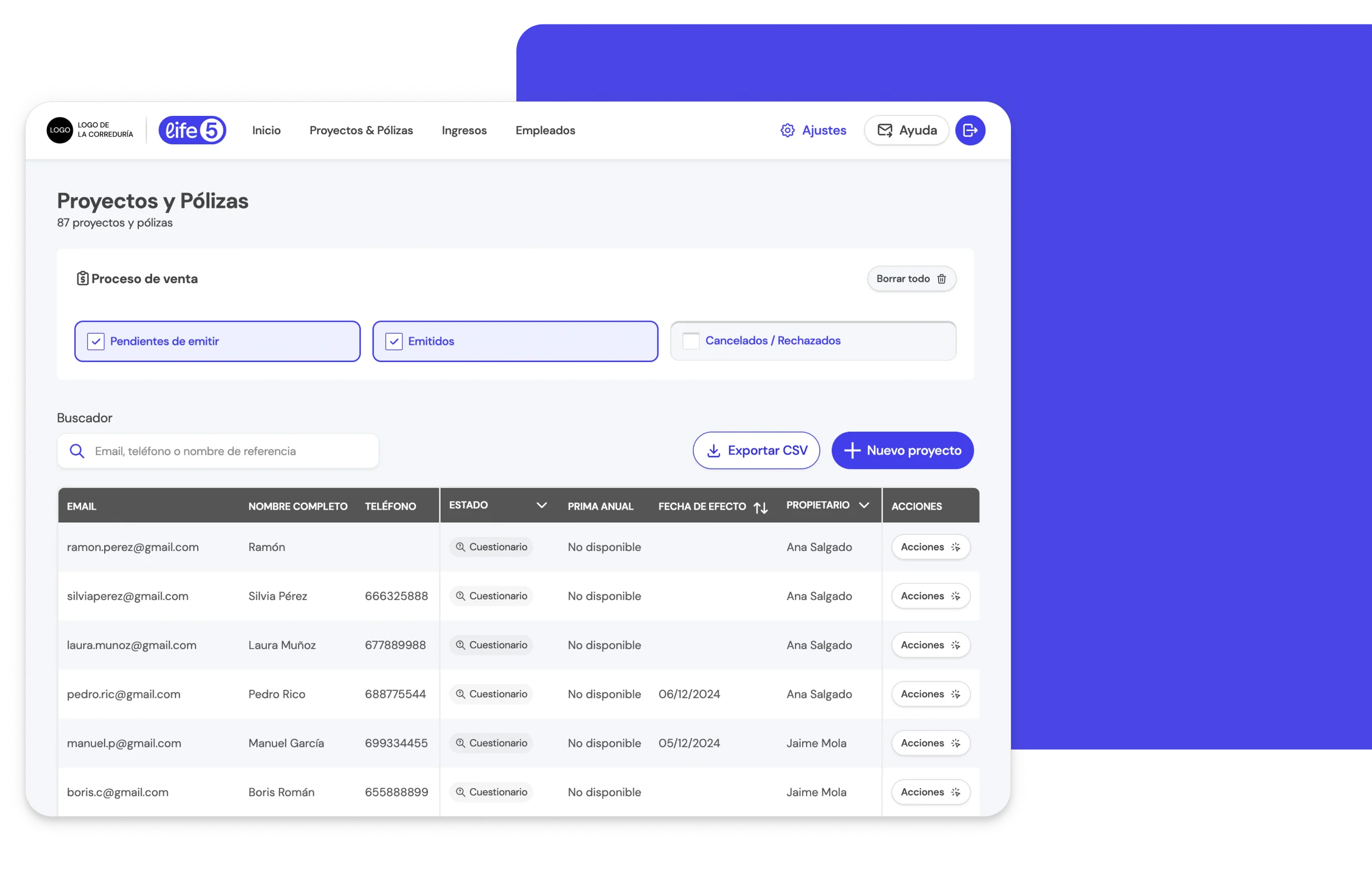 Interfaz de la BrokerApp de Life5 mostrando la sección de Proyectos y Pólizas con opciones de filtrado por proceso de venta.