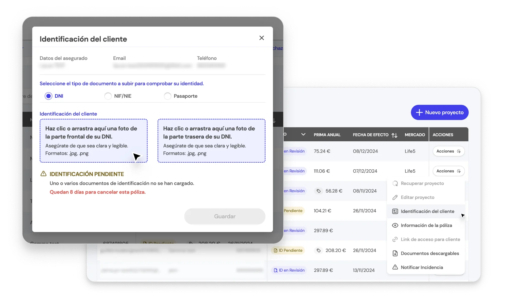 Paso 2: En la modal selecciona el tipo de documento de identificación a subir en la BrokerApp.