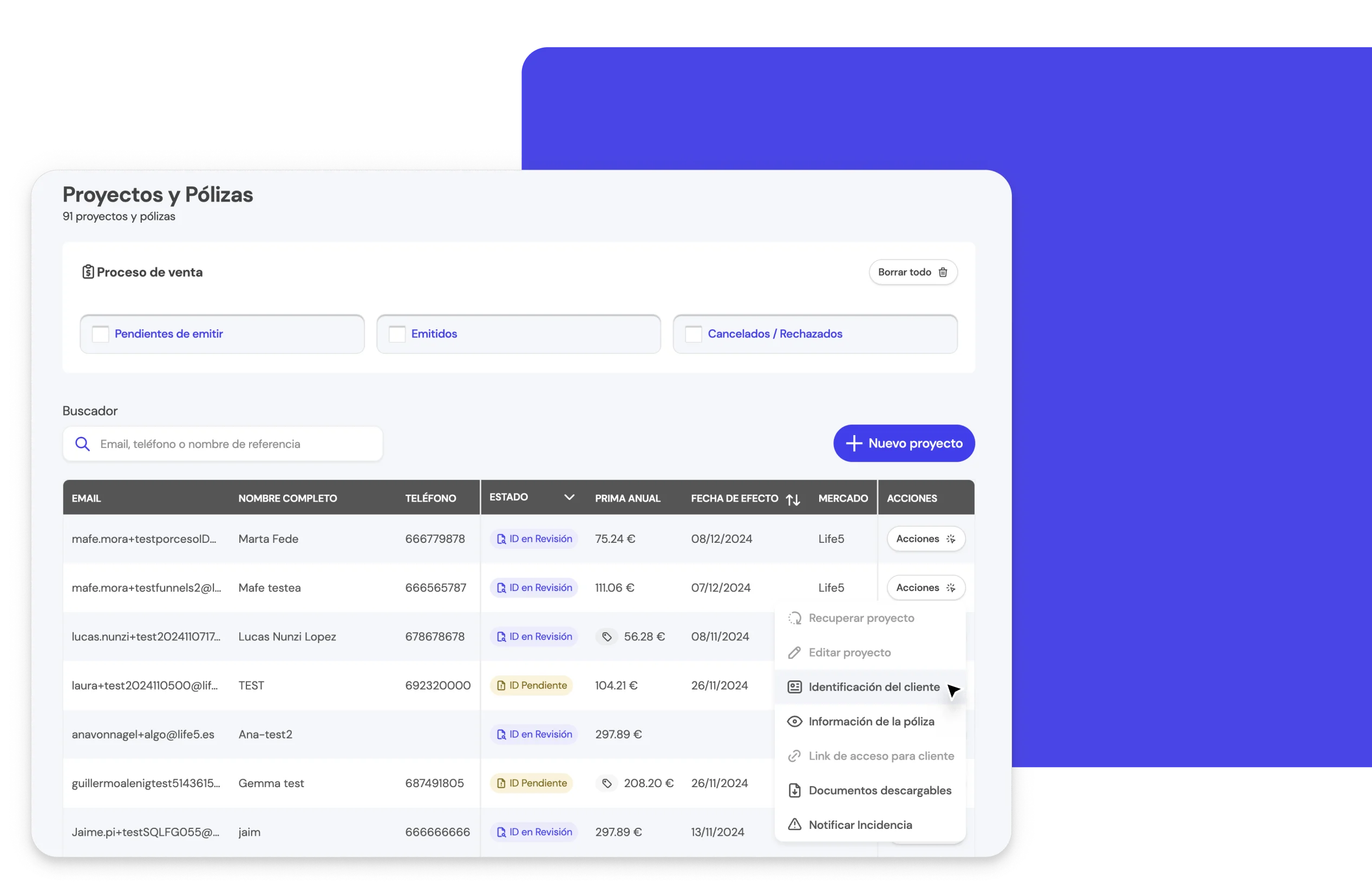 Interfaz de la BrokerApp de Life5 mostrando la opción para subir la identificación del cliente.