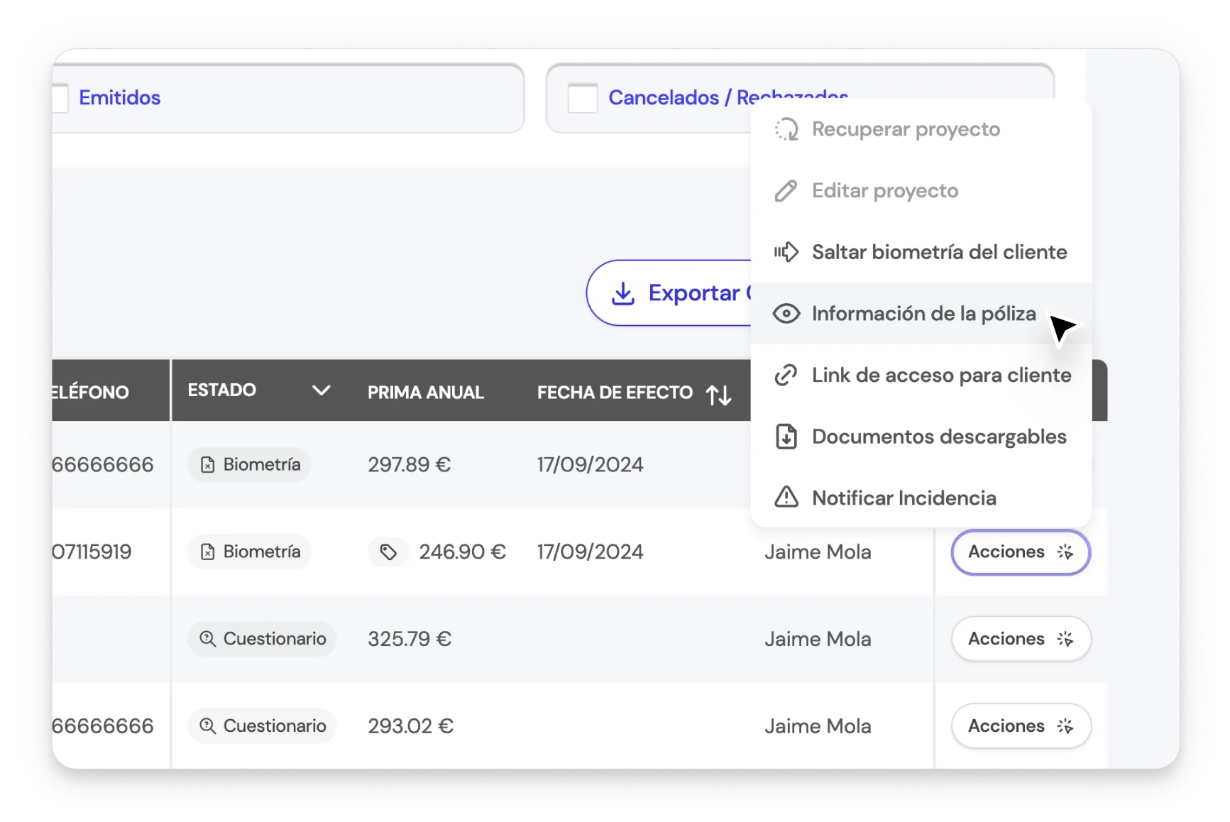 Paso 2: Despliega el menú de Acciones de la tabla para un cliente específico en la BrokerApp.