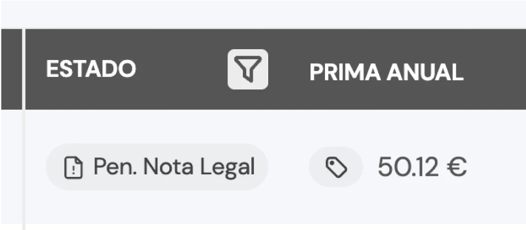 Indicador del estado 'Aceptación de Nota Legal' donde el enlace de acceso permite al cliente aceptar los términos legales.