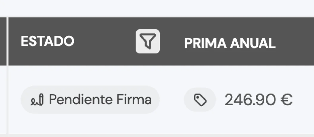 Indicador del estado 'Firma Pendiente' donde el enlace de acceso permite al cliente firmar el contrato de la póliza.