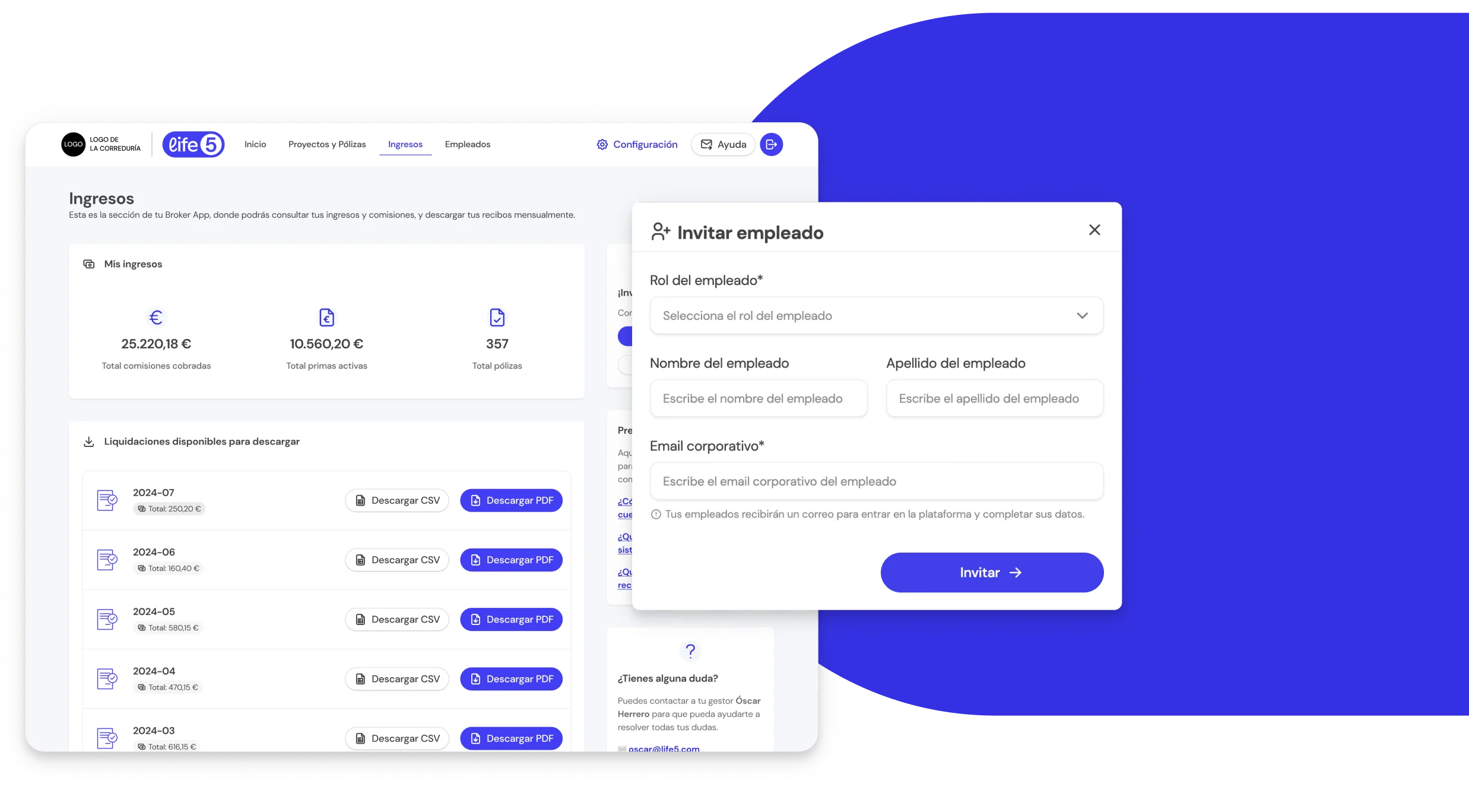 Interfaz de la BrokerApp de Life5 mostrando las opciones de gestión para SuperAdmin.