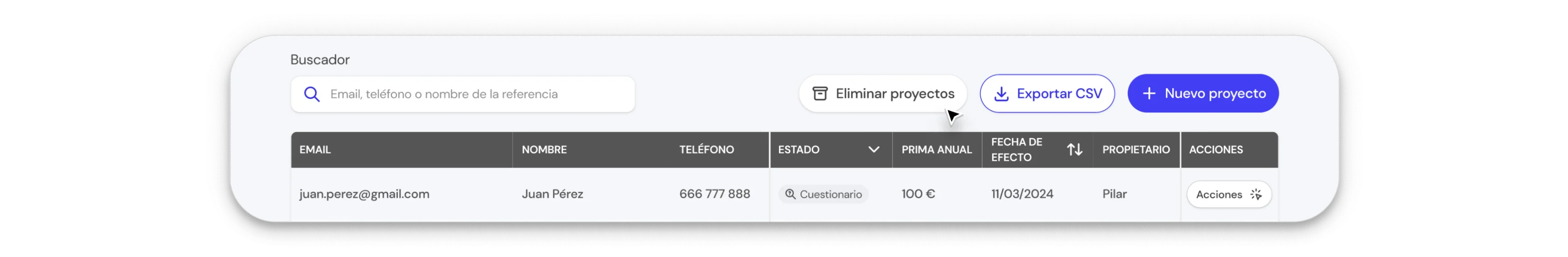 Barra superior de herramientas en la BrokerApp de Life5 con el buscador y botones de acción rápida.