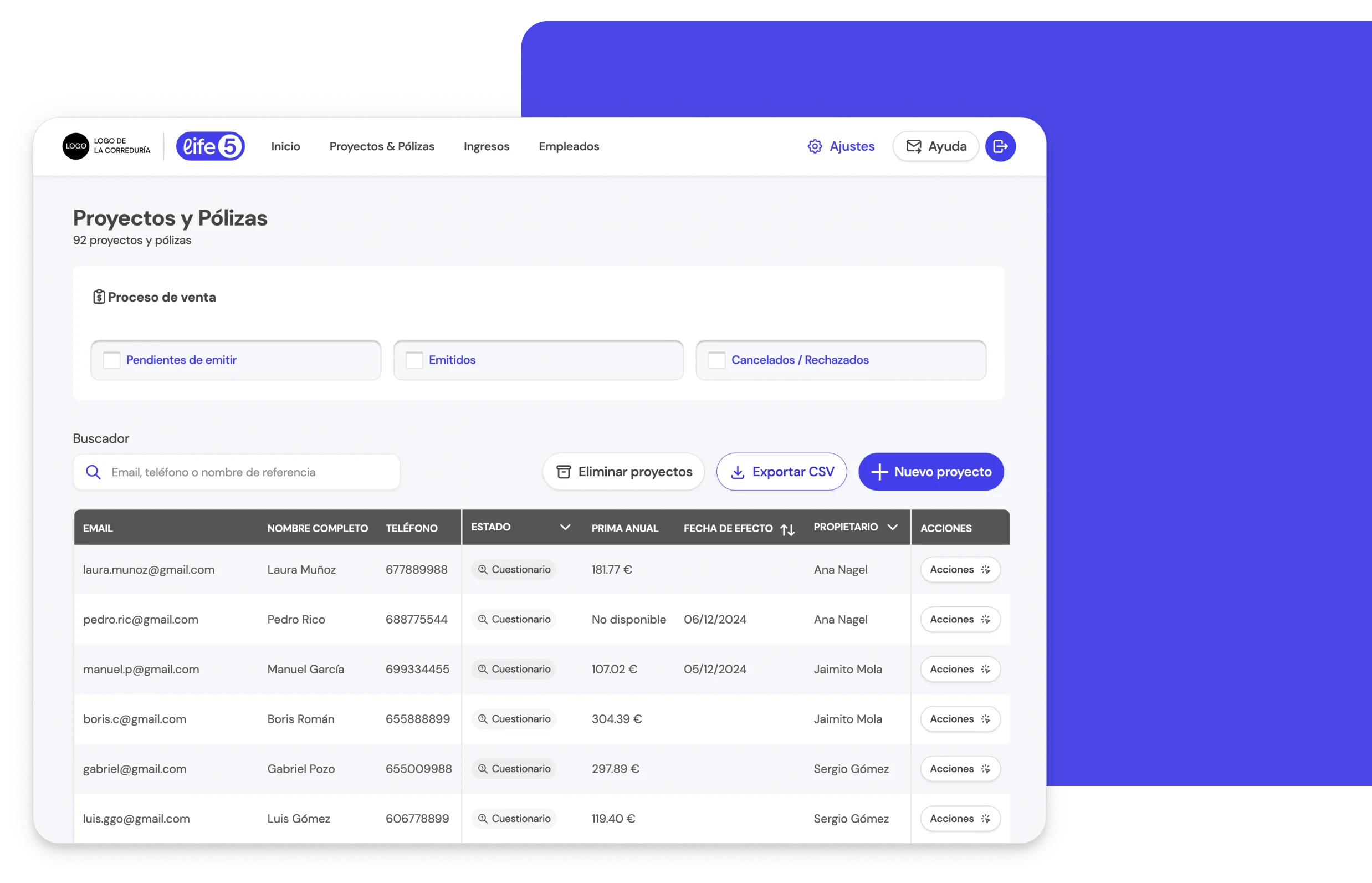 Interfaz de la BrokerApp de Life5 mostrando la sección de Proyectos y Pólizas para seguimiento de contrataciones.