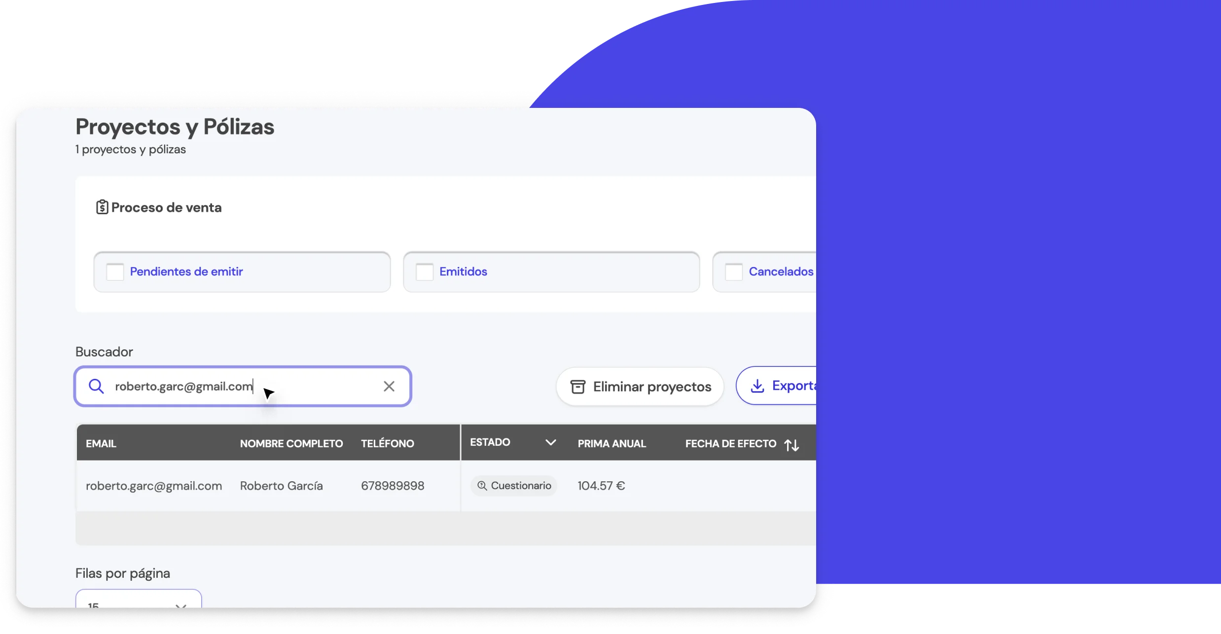 Campo de búsqueda para localizar clientes por email, teléfono o nombre en la BrokerApp de Life5.