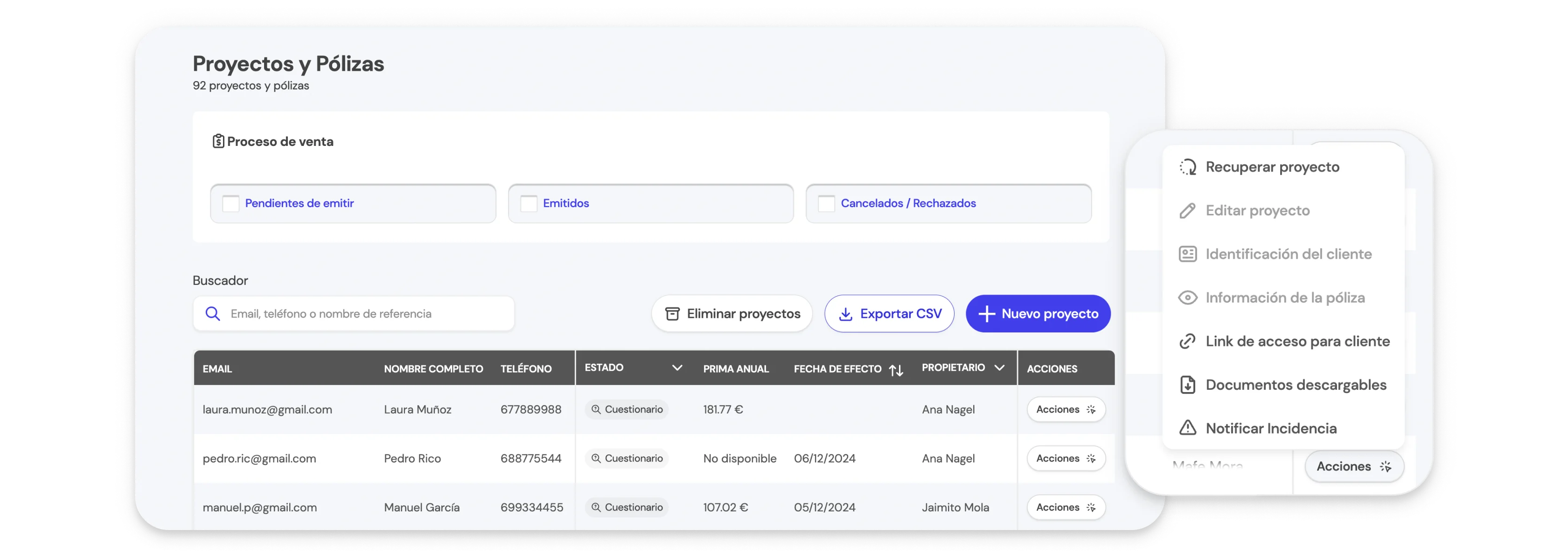 Vista general de las funcionalidades disponibles en la página de Proyectos y Pólizas de la BrokerApp de Life5: filtros, buscador y botones, y menú de Acciones.