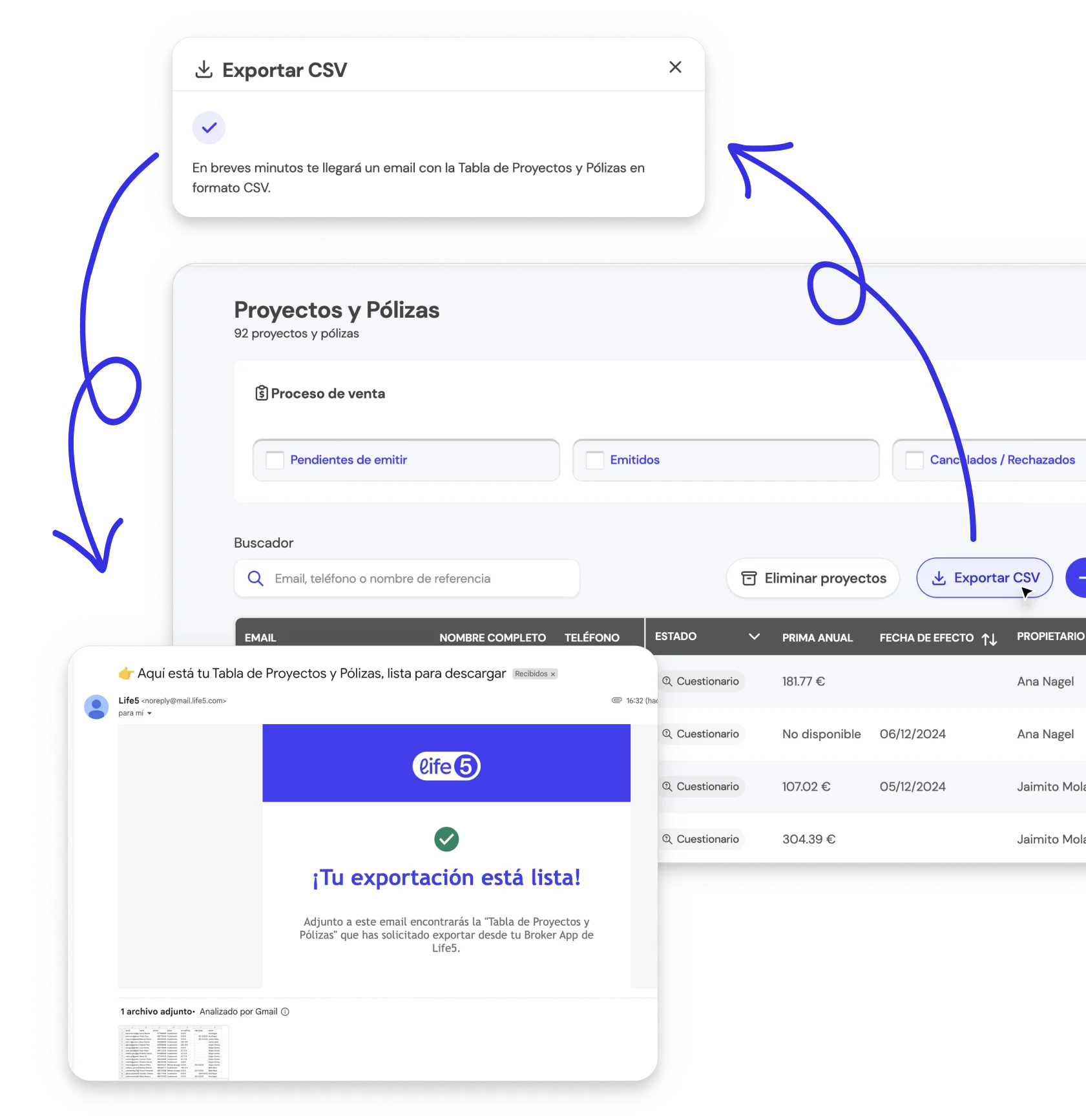 Botón 'Exportar CSV' para descargar datos de proyectos filtrados en la BrokerApp de Life5.