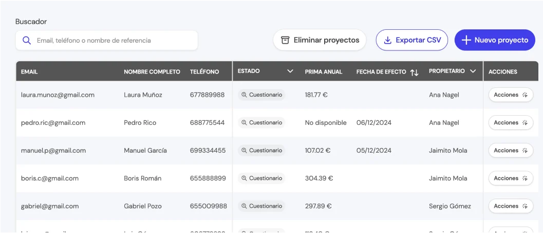 Barra superior de herramientas en la BrokerApp de Life5 con el buscador y botones de acción rápida.