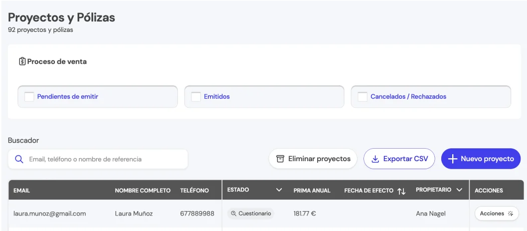 Detalle de los filtros disponibles para segmentar clientes según el proceso de venta en la BrokerApp de Life5.