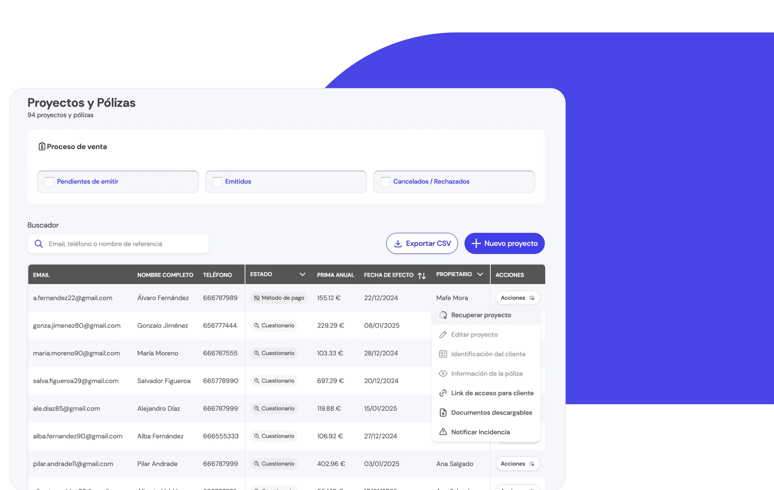 Interfaz de la BrokerApp de Life5 mostrando la opción para recuperar proyectos de contratación pausados.