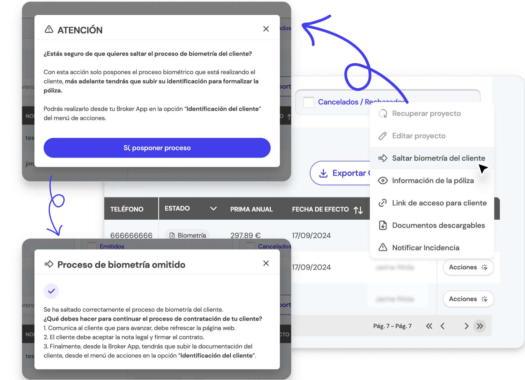 Paso 2: Selecciona “Saltar biometría” en el menú de Acciones para un cliente específico en la BrokerApp de Life5.