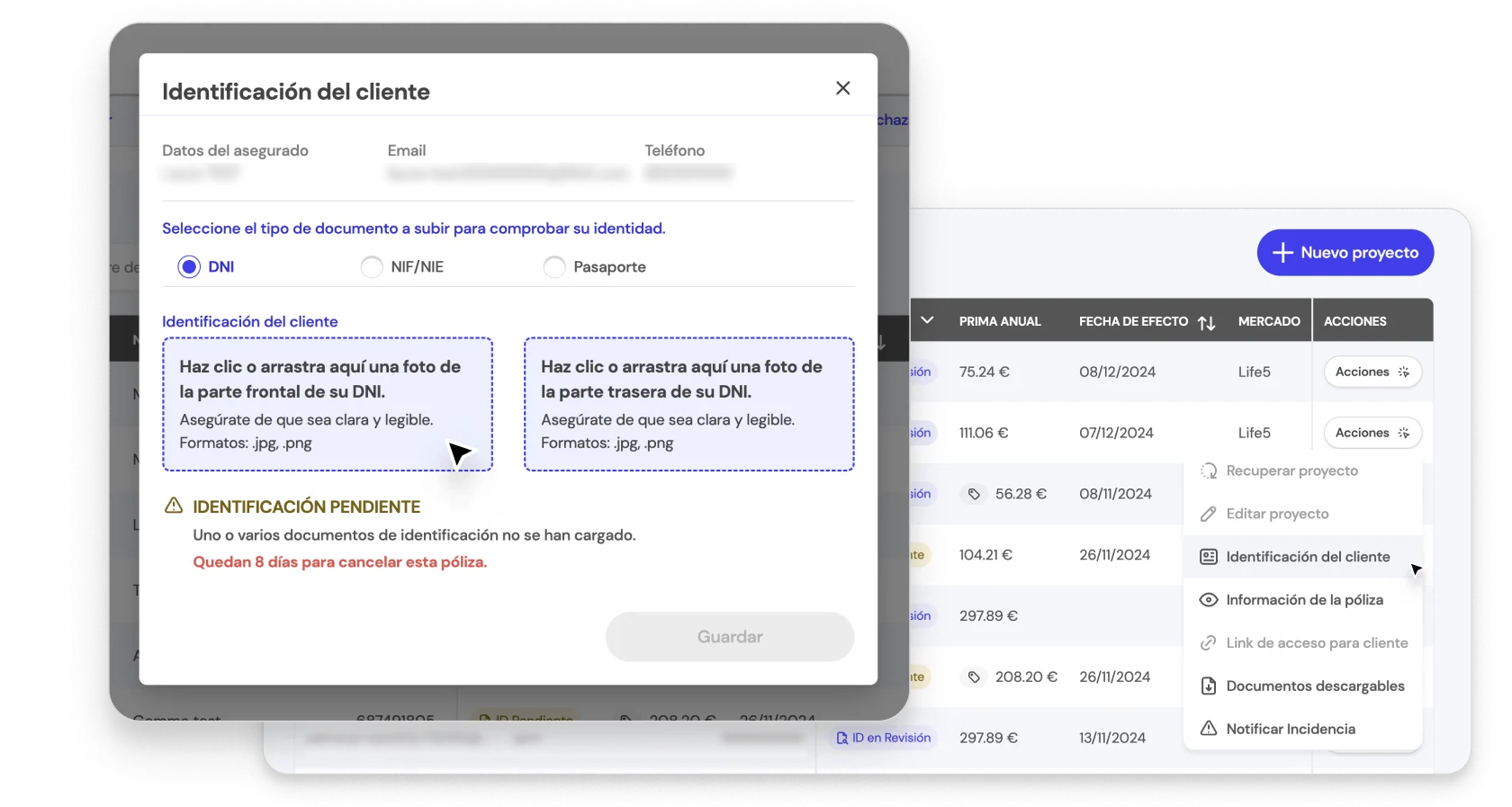 Paso 4: Más adelante debes subir la identificación de tu cliente para formalizar la póliza del seguro.