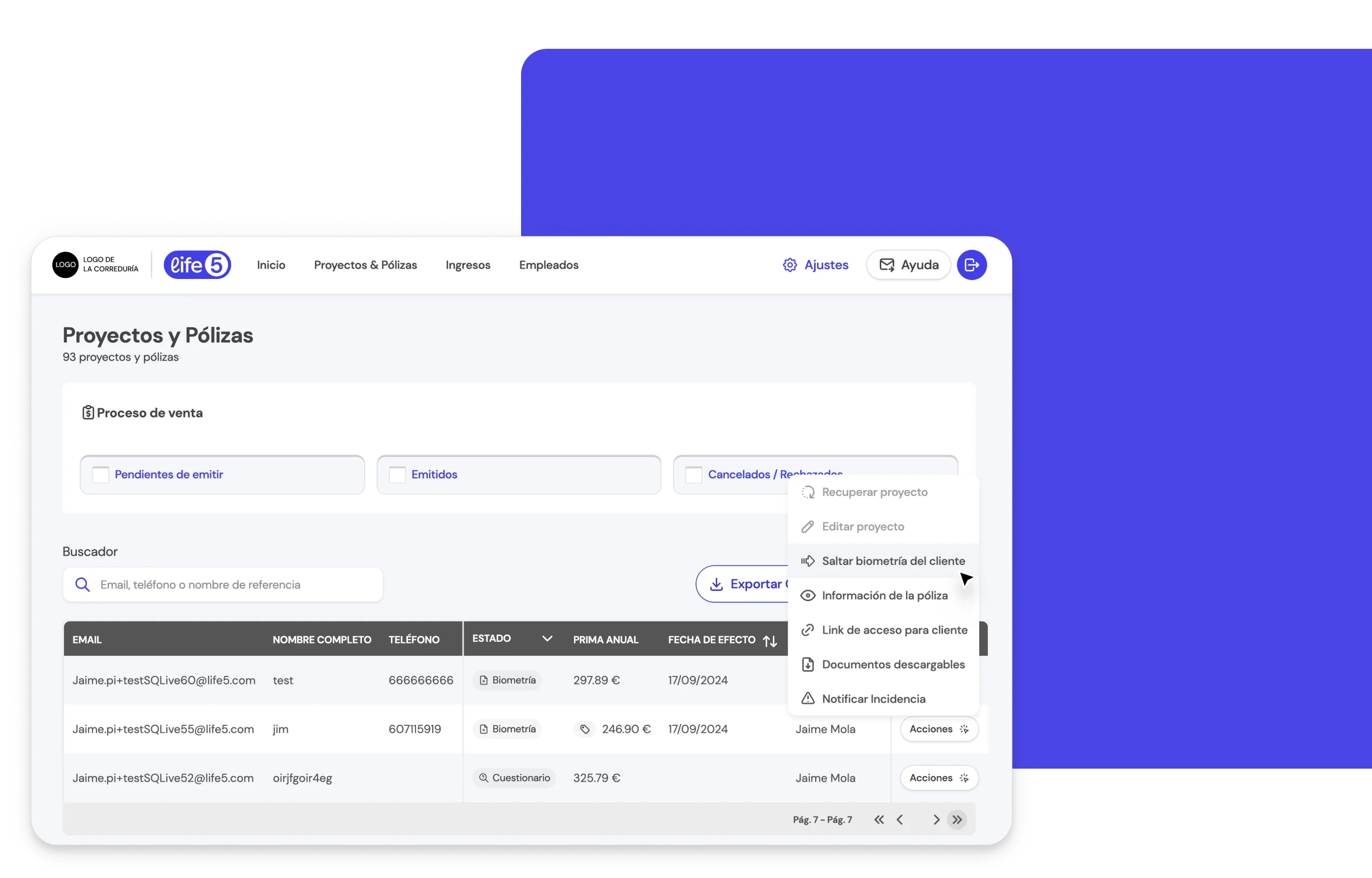 Interfaz de la BrokerApp de Life5 mostrando la opción de saltar el paso de biometría en el proceso de contratación.