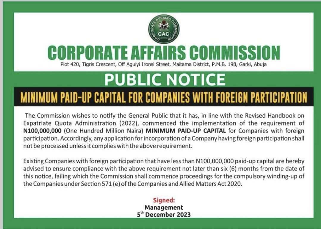 Image A: public notice Corporate Affairs Commission, 05 December 2023