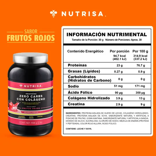 Proteína zero carbs Nutrisa suero de leche sabor frutos rojos 908 g
