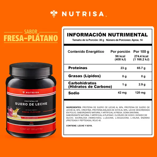 Proteína de suero de leche hidrolizada sabor fresa plátano 500 g