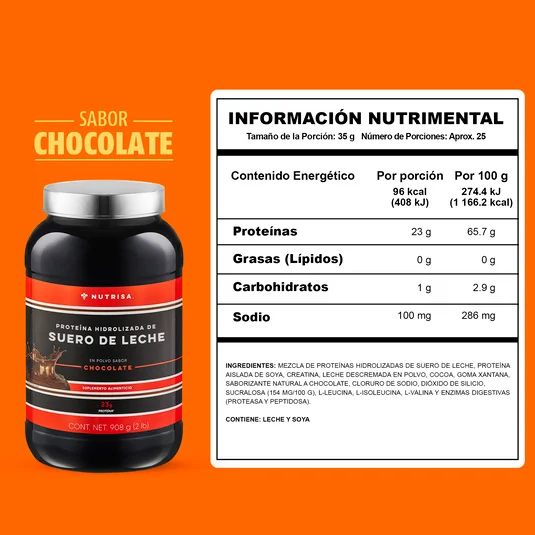 Proteína de suero de leche hidrolizada Nutrisa sabor doble chocolate 908 g