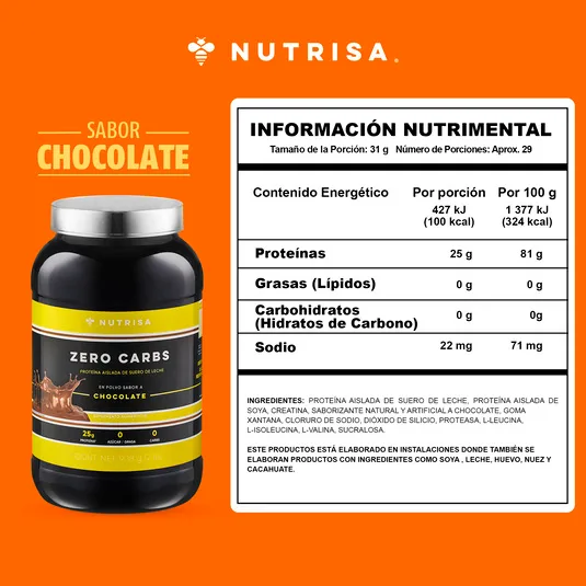 Proteína zero carbs Nutrisa suero de leche sabor doble chocolate 908 g