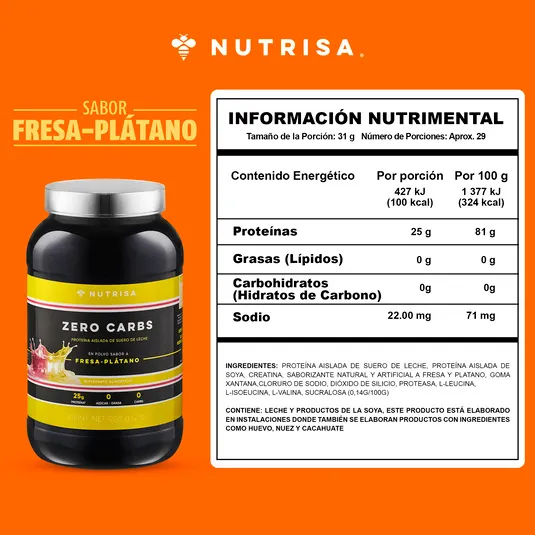 Proteína Zero Carbs Nutrisa suero de leche sabor fresa plátano 908 g