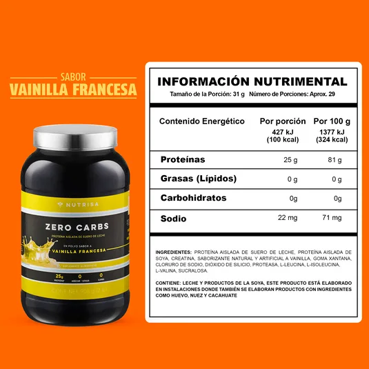 Proteína zero carbs Nutrisa suero de leche sabor vainilla francesa 908 g