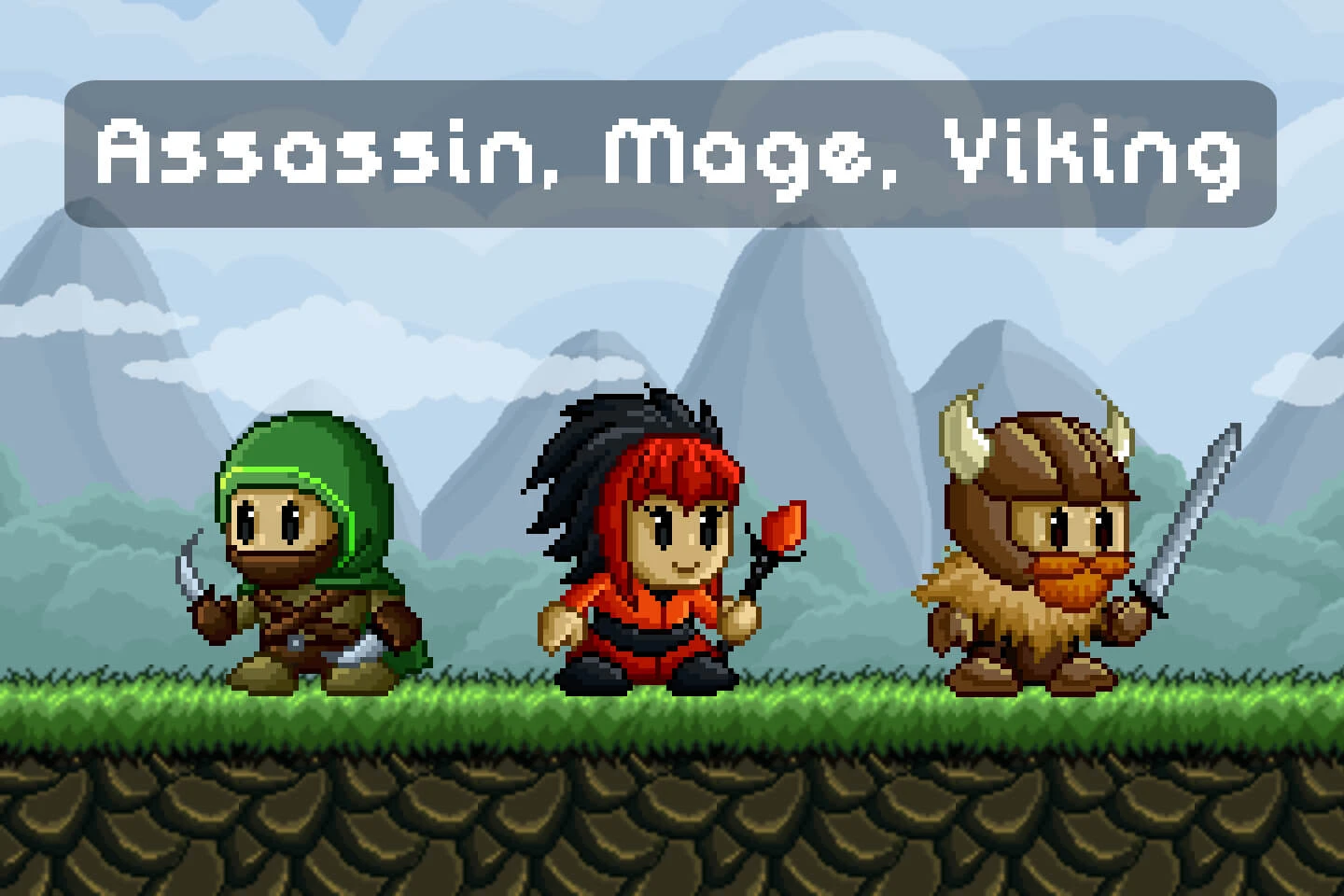 Assassin, Mage, Viking Free Pixel Art Game Heroes: Tiny Retro Warriors Ready for Fantasy Platformer Adventures