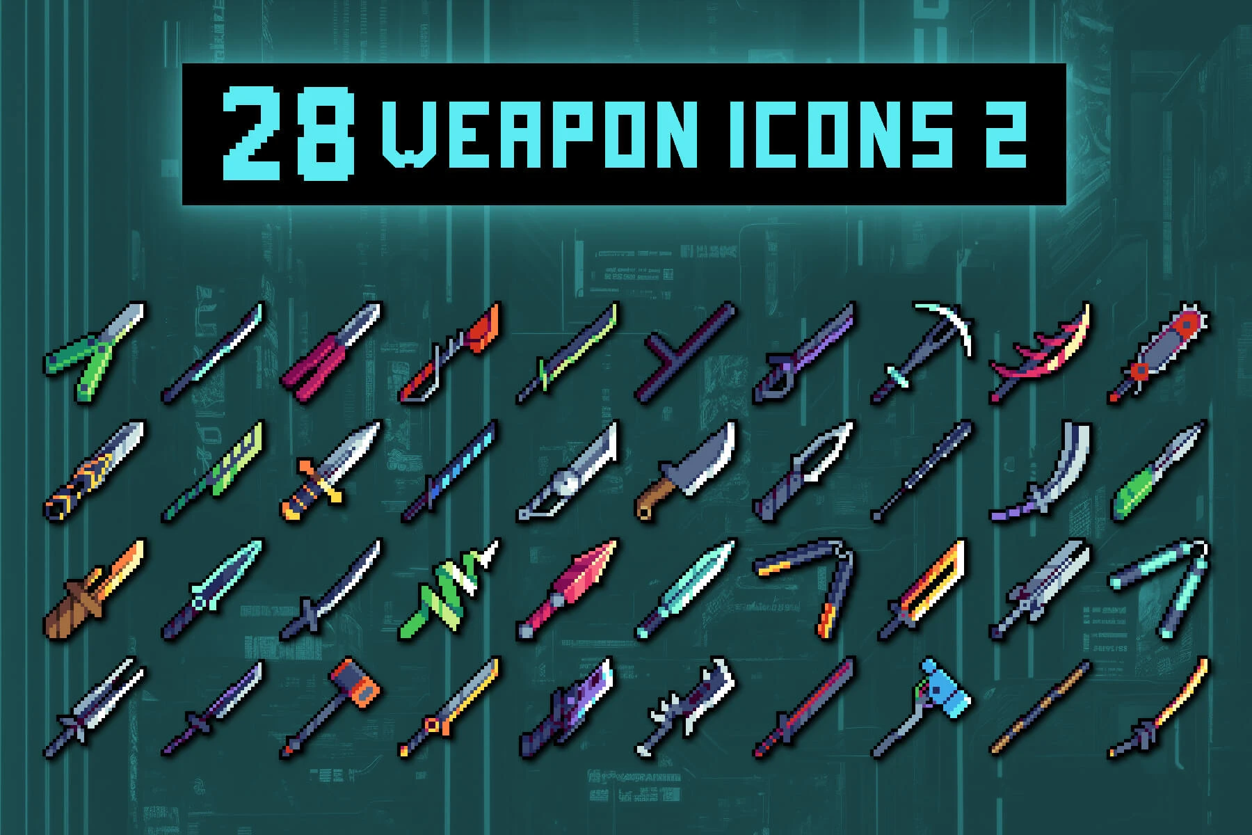 Free Melee Weapon Pixel Icons for Cyberpunk: 32x32 Sci-Fi Blades and Brawlers