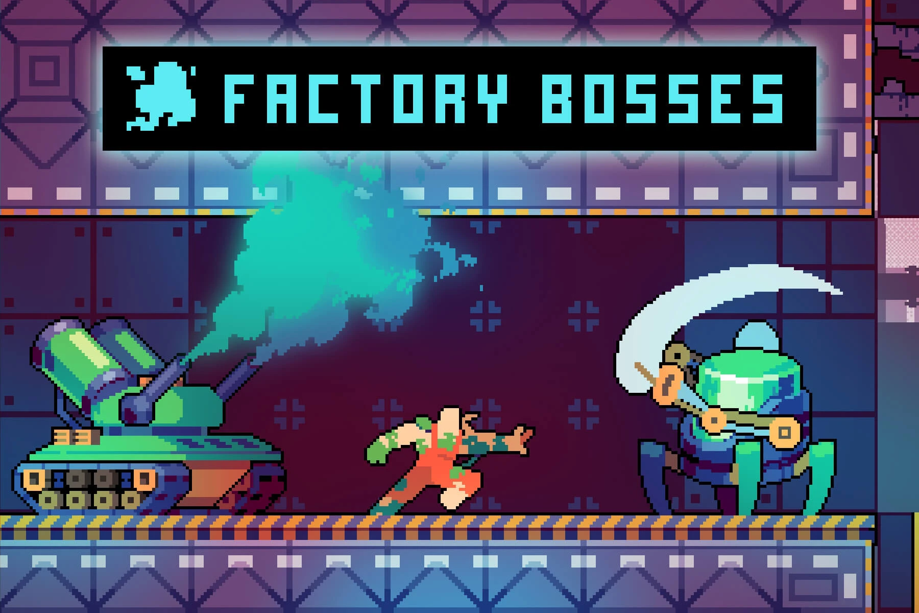 Free Factory Boss Enemies Asset Pack for Cyberpunk: Pixel Art Robots for Indie Games