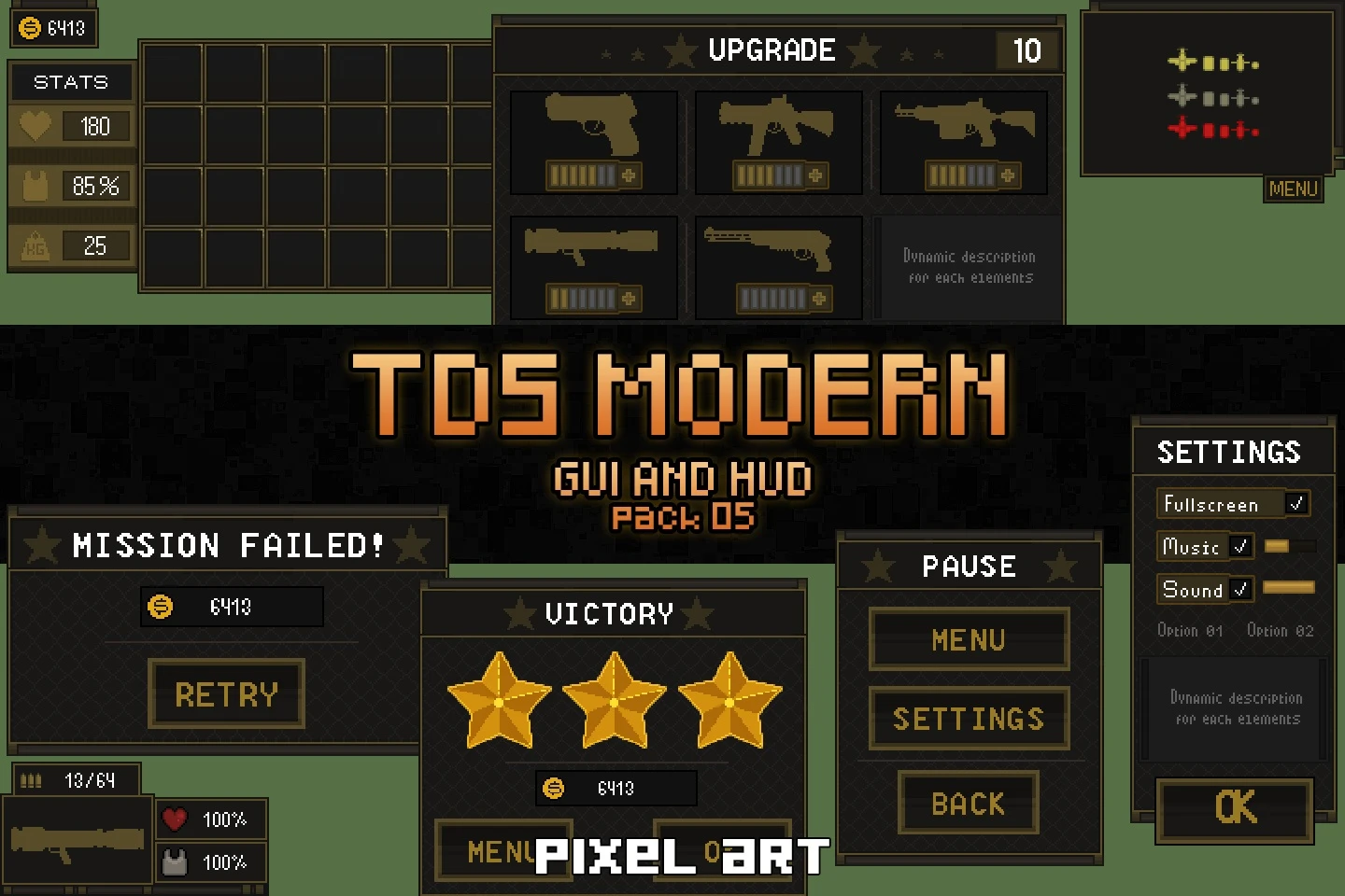 Free TDS Modern: GUI Pixel Art: Arm Your Top-Down Shooter with Sleek Retro Interfaces