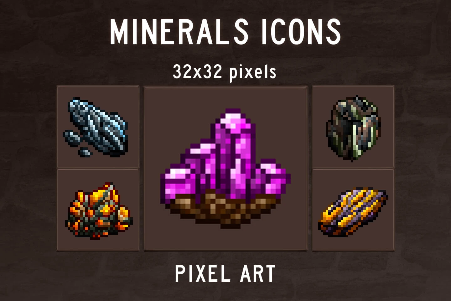 Free Minerals Pixel Art Icons: Retro RPG Treasures in 32x32