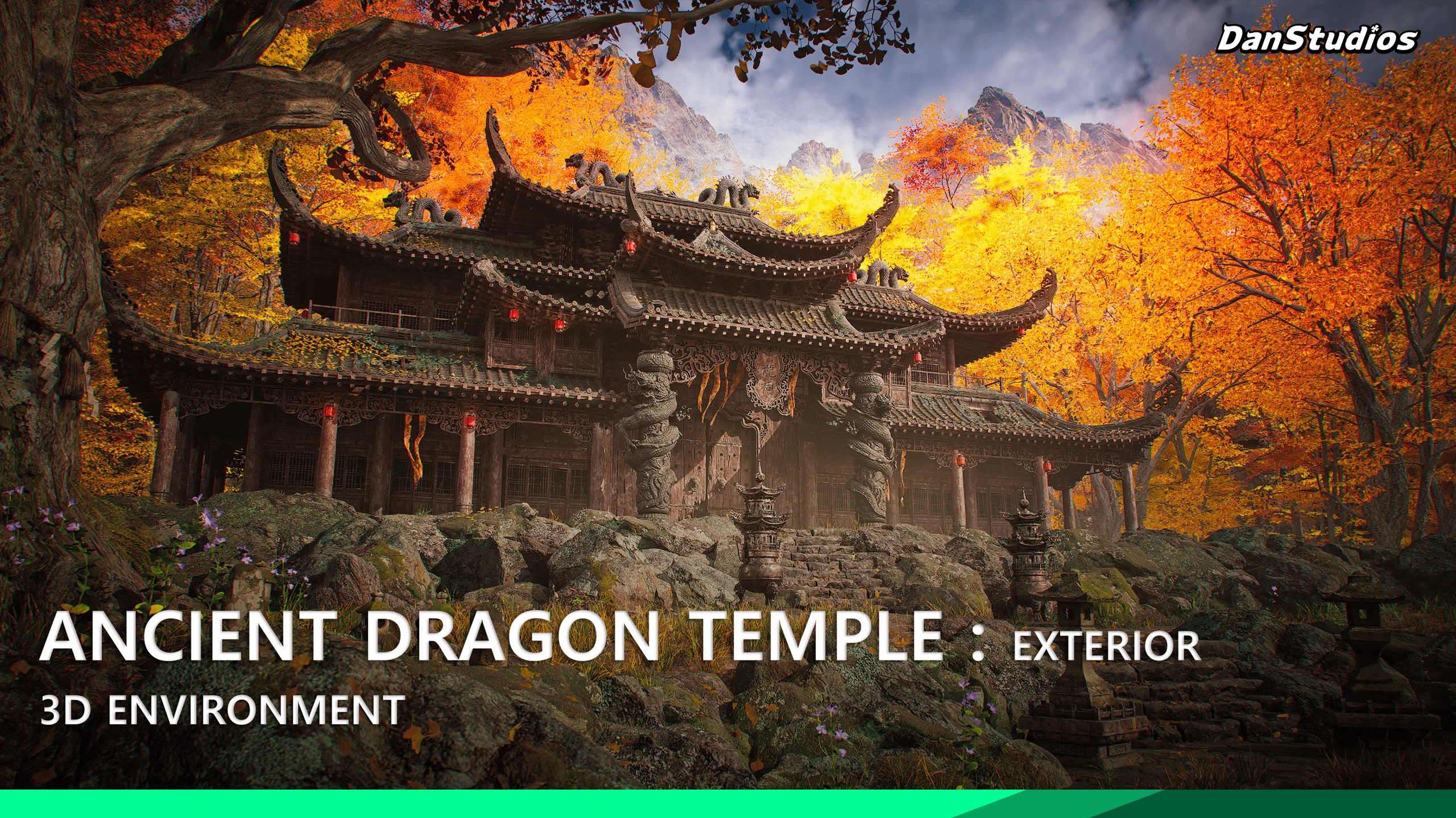 Ancient Dragon Temple - Exterior Environment: Majestic Buddhist-inspired shrine and autumn mountain landscape kit