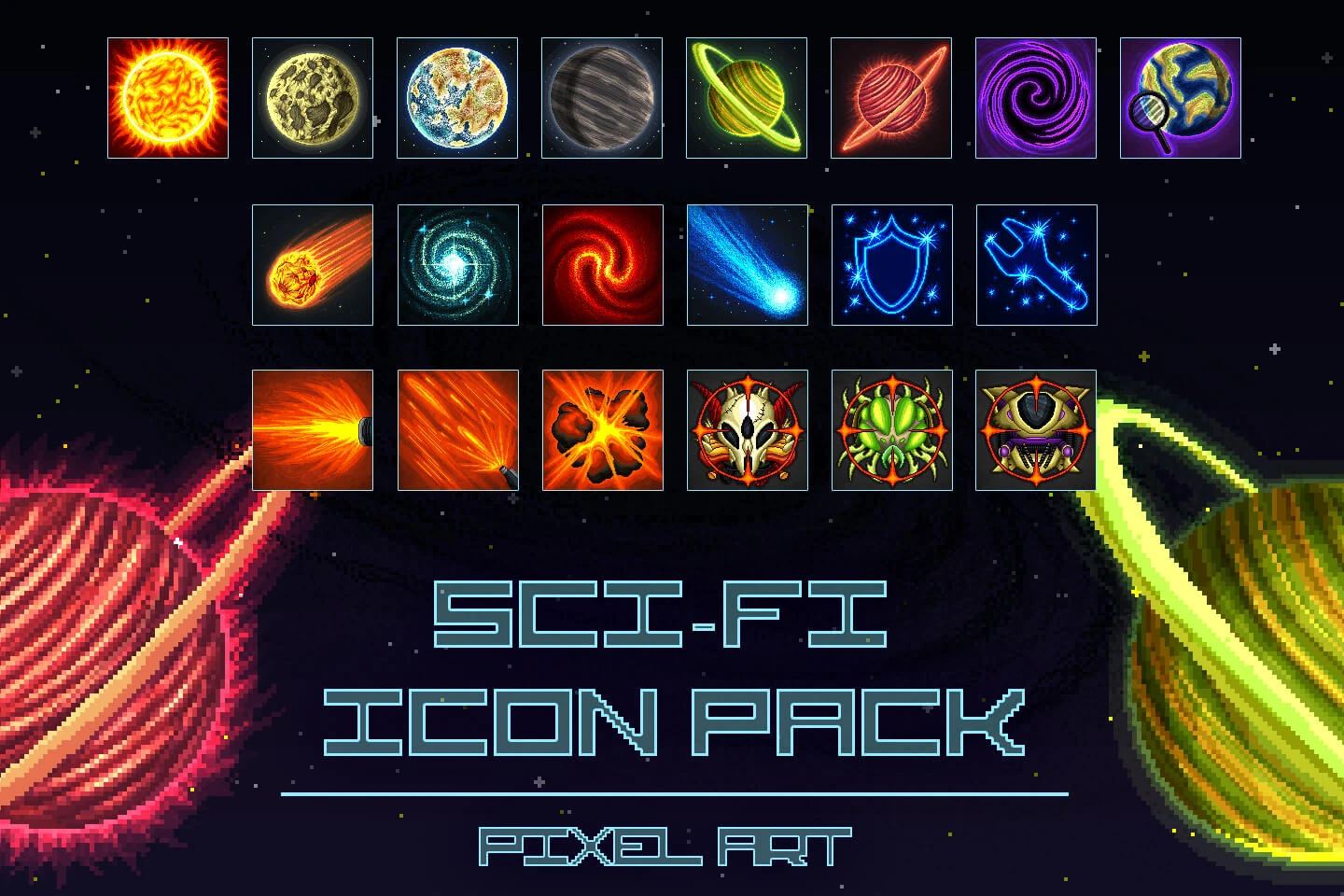 Free Pixel Art SCI-FI Icon Pack: Retro Space and Cyberpunk Essentials in Pixel Perfection