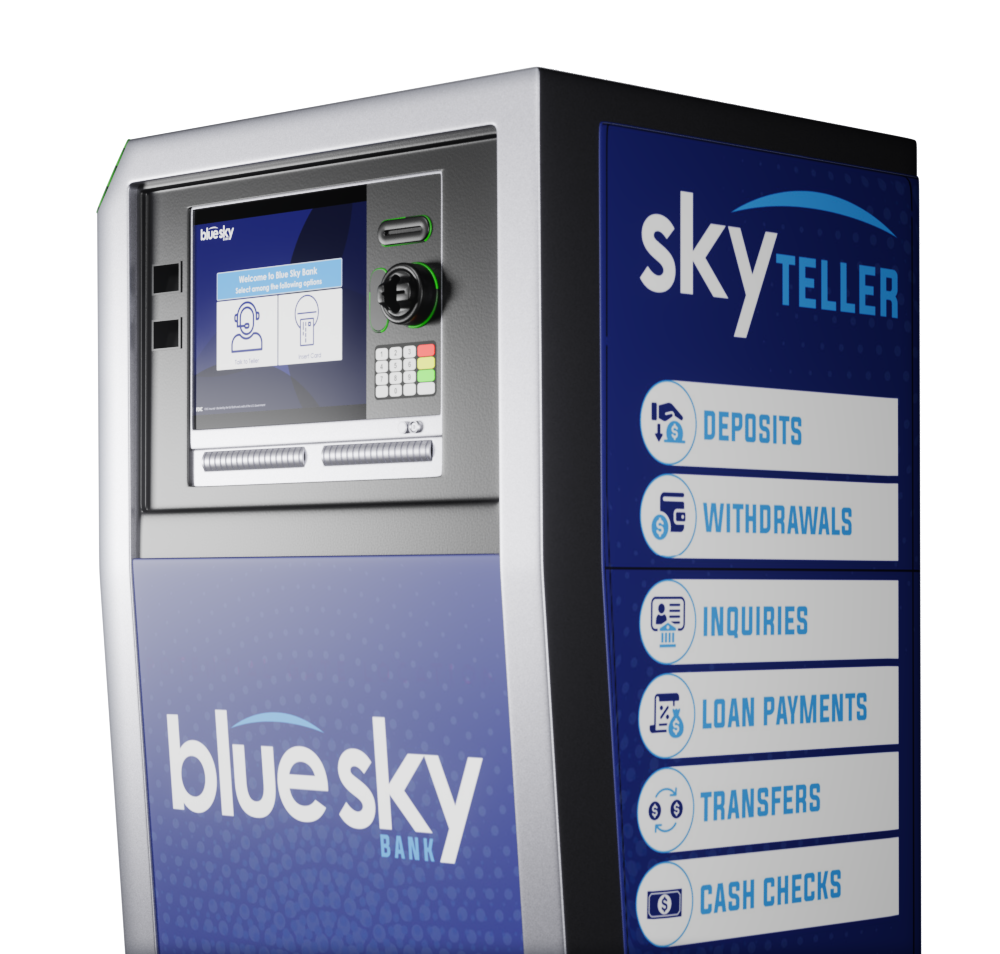 Blue Sky Bank Sky Teller machine: deposits, withdrawals, inquiries, loan payments, transfers and cash checks