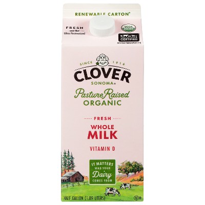 Clover Sonoma Organic Pastured Raised Whole Milk - 0.5gal: No Added Antibiotics, 3.5% Milk Fat