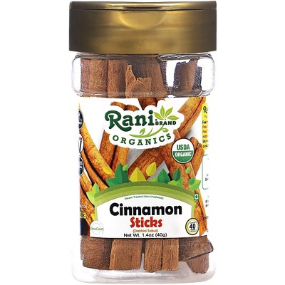 Organic Cinnamon Sticks 7-9 Sticks 3" in Length Cassia Round - 1.4oz (40g) PET Jar - Rani Brand Authentic Indian Products