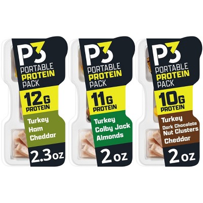 P3 Portable Protein Snack Pack with Turkey, Almonds & Colby Jack - 2oz + Turkey, Ham & Cheddar - 2.3oz + Nut Clusters, Turkey & Cheddar - 2oz