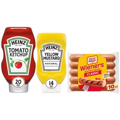 Heinz 14oz Yellow Mustard + Oscar Mayer 16oz/10ct Original Wieners Hot Dogs + Heinz 20oz Tomato Ketchup Squeeze Bottle