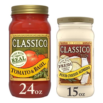 Classico Pasta Sauce 15oz Four Cheese Alfredo + 24oz Tomato and Basil