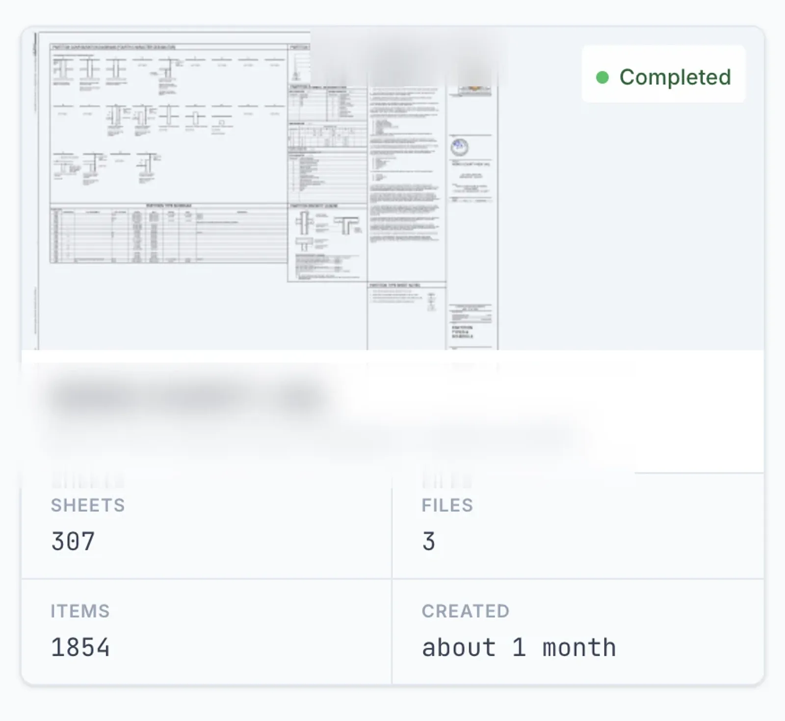 The completed extraction in the BADGER app: 307 sheets, 1,854 items, status Completed.