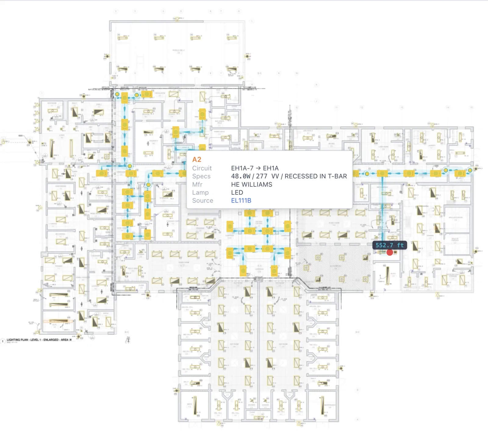 BADGER's AI-detected lighting fixtures (yellow) and branch-circuit home runs (blue) on a real jail lighting plan; clicking a fixture shows its type, circuit, wattage, and make.