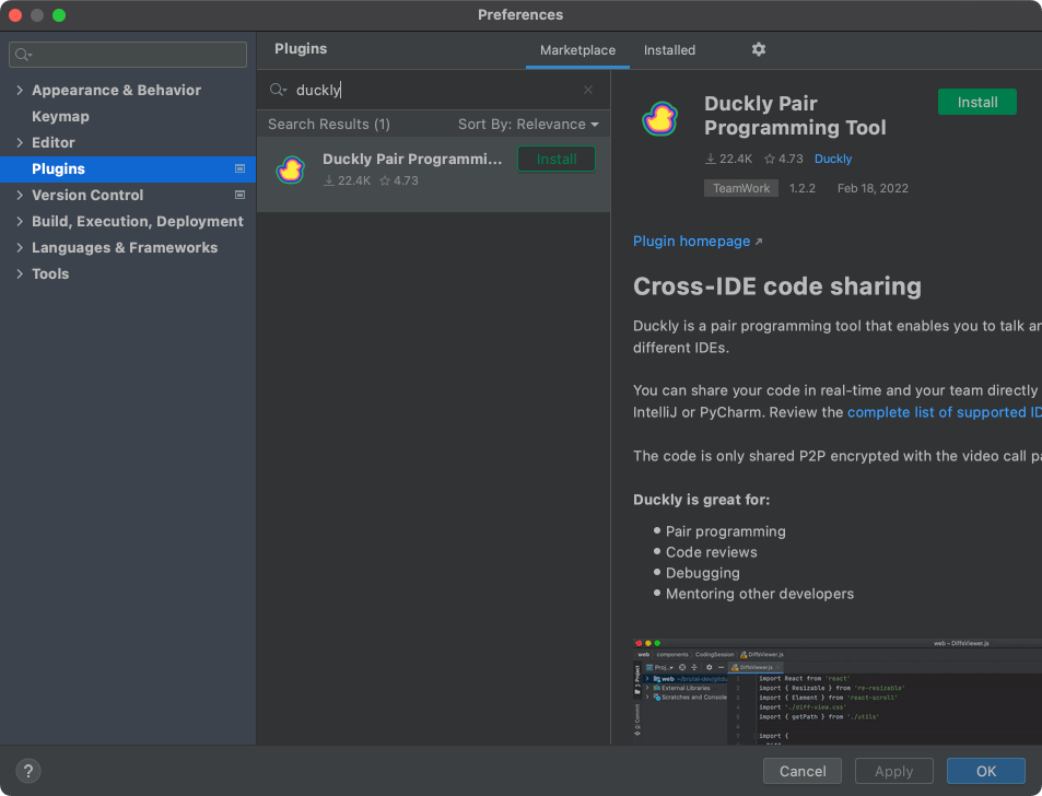Search for Duckly on the JetBrains marketplace