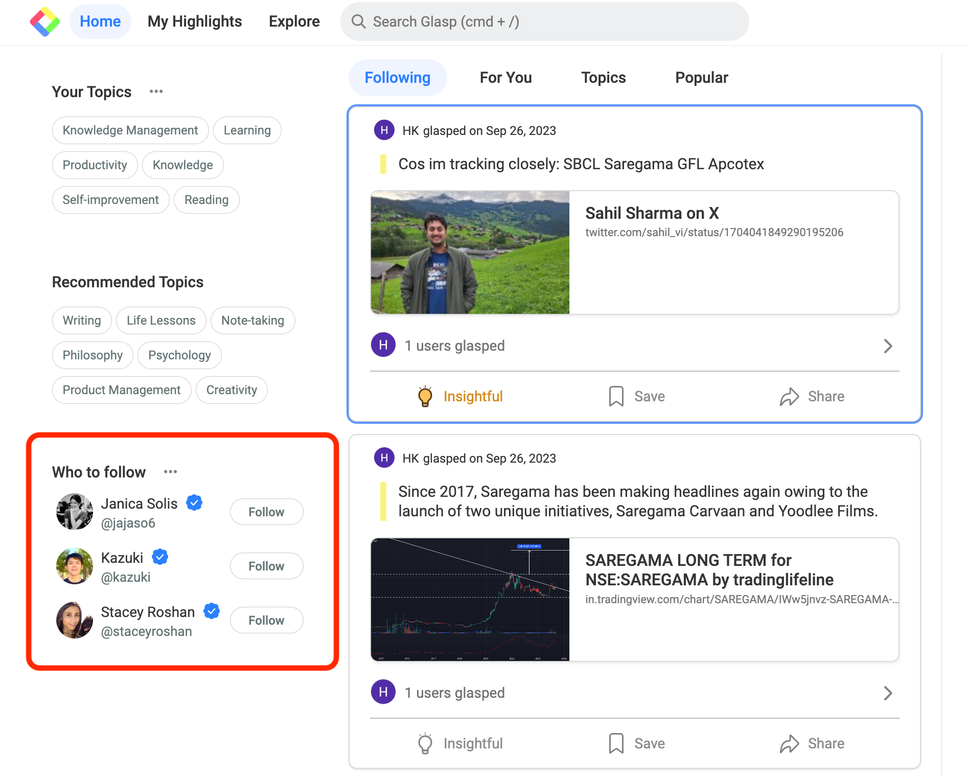 Curadores destacados en el feed Home de Glasp desde una computadora